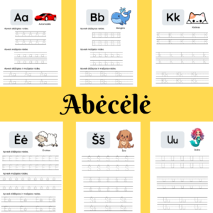Lietuvių kalbos abėcėlė PDF – 33 puslapių užduočių rinkinys su rašymo pratimais ir paveikslėliais vaikams