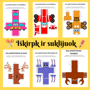 Iškirpk ir suklijuok – 22 puslapių kūrybinės užduotėlės vaikams su gyvūnais ir transporto priemonėmis