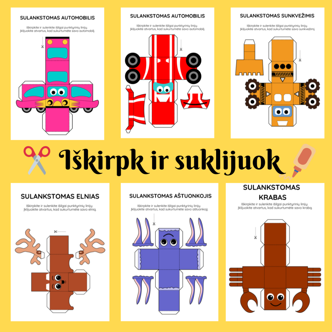 Iškirpk ir suklijuok – 22 puslapių kūrybinės užduotėlės vaikams su gyvūnais ir transporto priemonėmis