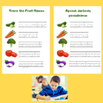 Vaisių ir daržovių apvedžiojimo užduotėlės – 12 puslapių PDF lietuvių ir anglų kalbomis