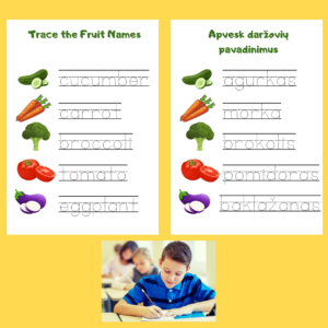 Vaisių ir daržovių apvedžiojimo užduotėlės – 12 puslapių PDF lietuvių ir anglų kalbomis