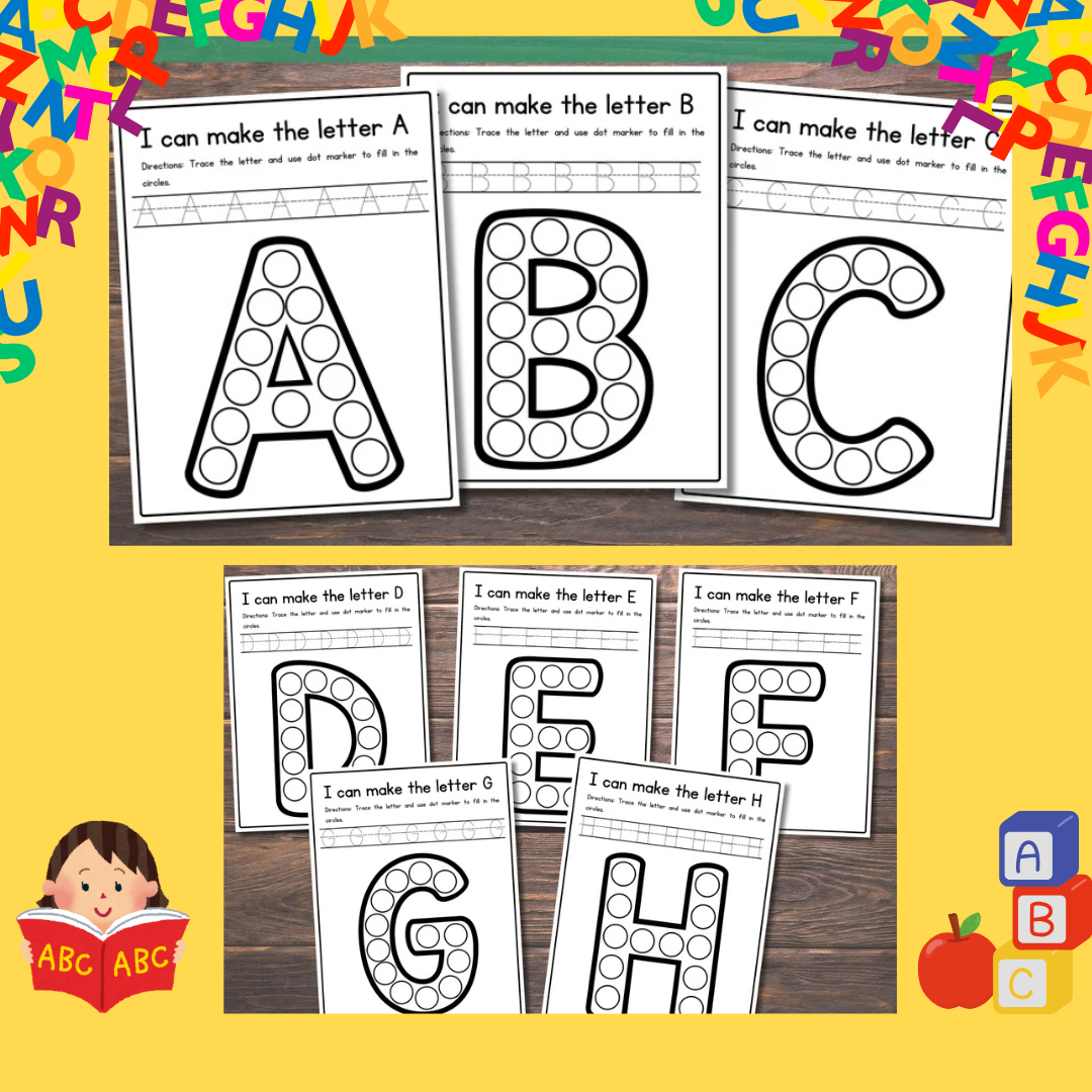 200 puslapių abėcėlės užduotėlės vaikams – Raidžių apvedžiojimas, gyvūnai, objektai ir taškavimo pratimai