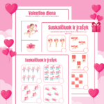 50 puslapių Valentino dienos užduotėlės vaikams – Spalvinimas, skaičiavimas, žodžių žaidimai ir kirpimo užduotys