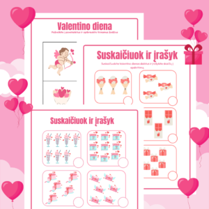 50 puslapių Valentino dienos užduotėlės vaikams – Spalvinimas, skaičiavimas, žodžių žaidimai ir kirpimo užduotys